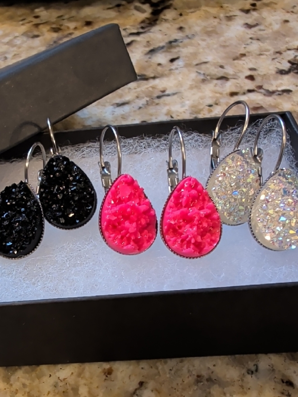 Druzy Style Teardrop Leverback Earrings - Black, Hot Pink & Iridescent
